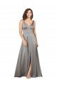 Pearl Grey línea A Cuello en V Satén sedoso Largo Formales Vestidos de dama de honor / Vestidos de fiesta Descuento