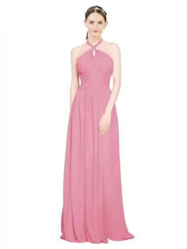 Piel rosa línea A Halter Cuello en V Gasa Largo Vestidos de dama de honor Descuento