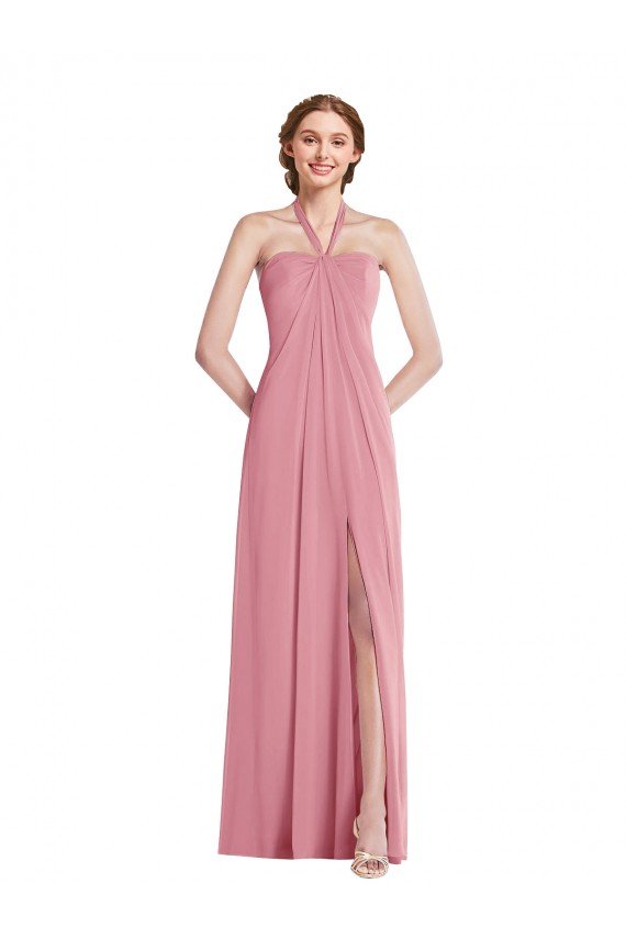 Piel rosa línea A Halter Gasa Largo Vestidos de dama de honor Descuento