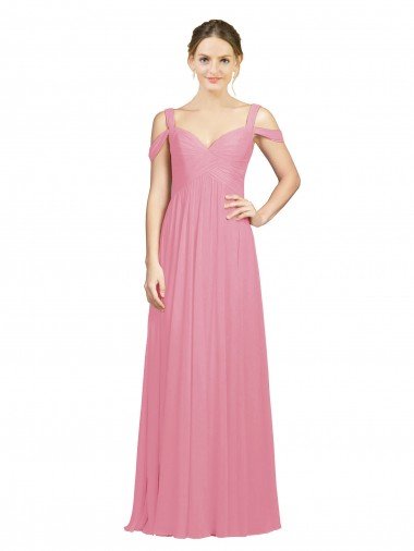 Piel rosa línea A Hombros Descubiertos Gasa Largo Vestidos de dama de honor Descuento