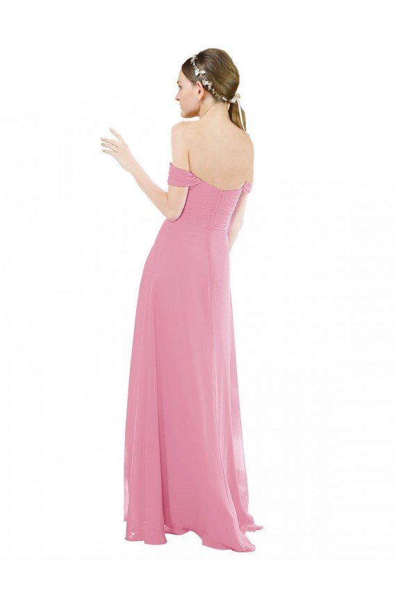 Piel rosa línea A Hombros Descubiertos Gasa Largo Vestidos de dama de honor Descuento