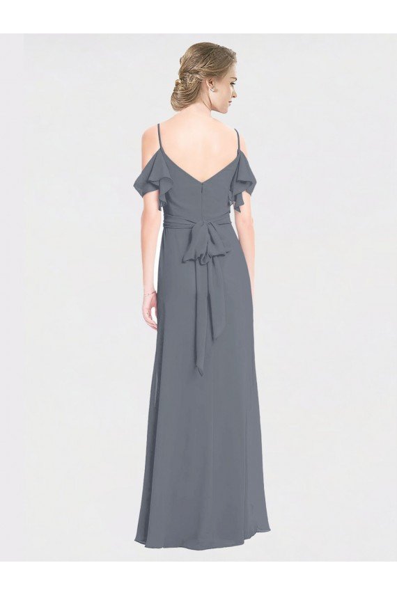 Pizarra gris línea A Hombros Descubiertos Cuello en V Gasa Largo Vestidos de dama de honor Descuento