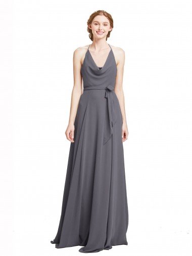 Pizarra gris línea A Tirantes espagueti Halter Gasa Largo Vestidos de dama de honor Descuento
