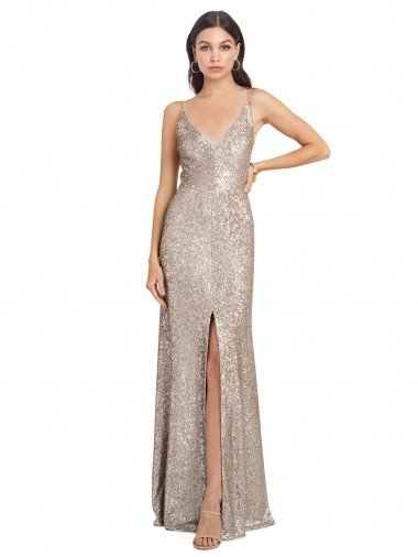 Plata Cubierta Cuello en V Cuello Alto Lentejuela Lentejuelas brillantes Largo Formales Vestidos de dama de honor / Vestidos de fiesta Descuento