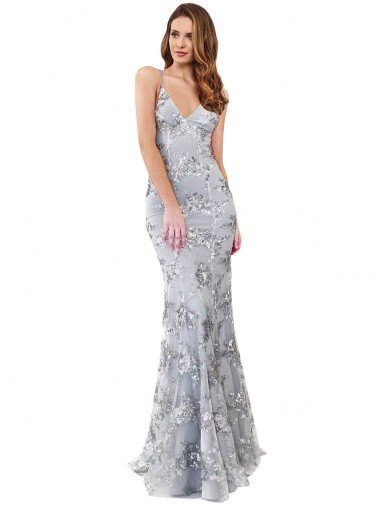 Plata Sirena Cuello en V Cuello Alto Crepé Elástico Lentejuela Tul Largo Formales Vestidos de dama de honor / Vestidos de fiesta Descuento