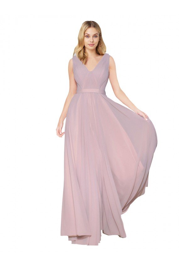 Primavera línea A Cuello en V Cuello Alto Gasa Largo Formales Vestidos de dama de honor / Vestidos de fiesta Descuento