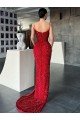 Rojo Cubierta Cuello en V Barrer tren Lentejuelas Terciopelo Largo Vestidos de fiesta Descuento