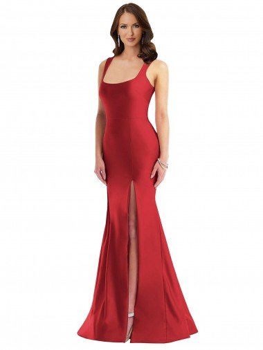 Rojo Sirena Cuadrado Satén sedoso Largo Formales Vestidos de dama de honor / Vestidos de fiesta Descuento