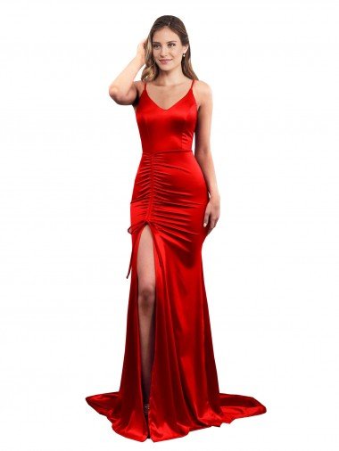 Rojo Sirena Cuello de Corazón Satén elástico Largo Formales Vestidos de dama de honor / Vestidos de fiesta Descuento