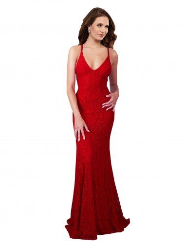 Rojo Sirena Cuello en V Encaje Largo Formales Vestidos de dama de honor / Vestidos de fiesta Descuento