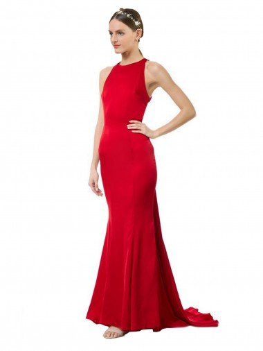 Rojo Sirena Halter Cuello Alto Crepé Elástico Largo Formales Vestidos de dama de honor / Vestidos de fiesta Descuento