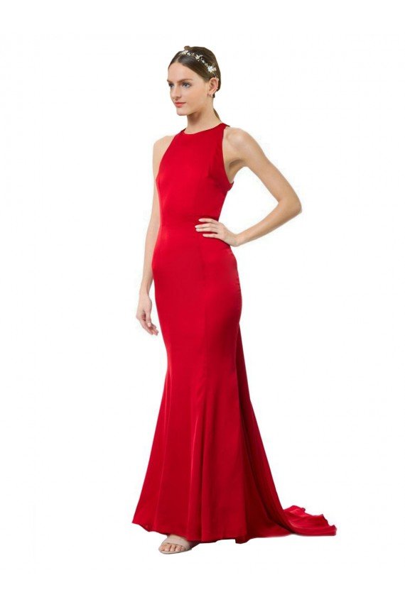 Rojo Sirena Halter Cuello Alto Crepé Elástico Largo Formales Vestidos de dama de honor / Vestidos de fiesta Descuento