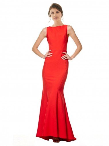Rojo Sirena Halter Cuello Alto Crepé Elástico Largo Formales Vestidos de dama de honor / Vestidos de fiesta Descuento