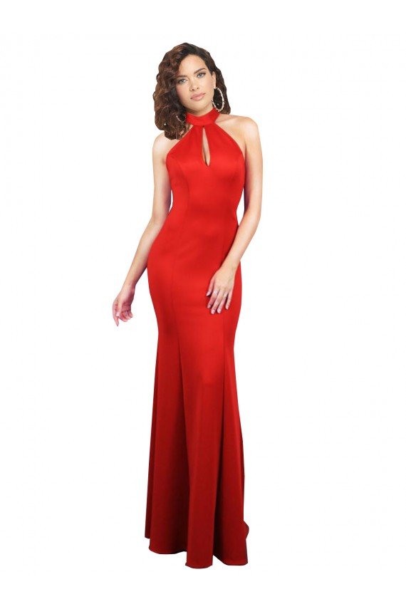 Rojo Sirena Halter Satén elástico Largo Formales Vestidos de dama de honor / Vestidos de fiesta Descuento