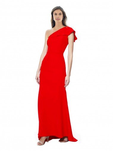 Rojo Sirena Un Hombre Cuello Alto Crepé Elástico Largo Formales Vestidos de dama de honor / Vestidos de fiesta Descuento