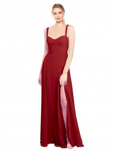 Rojo línea A Cuello de Corazón Gasa Largo Vestidos de dama de honor Descuento