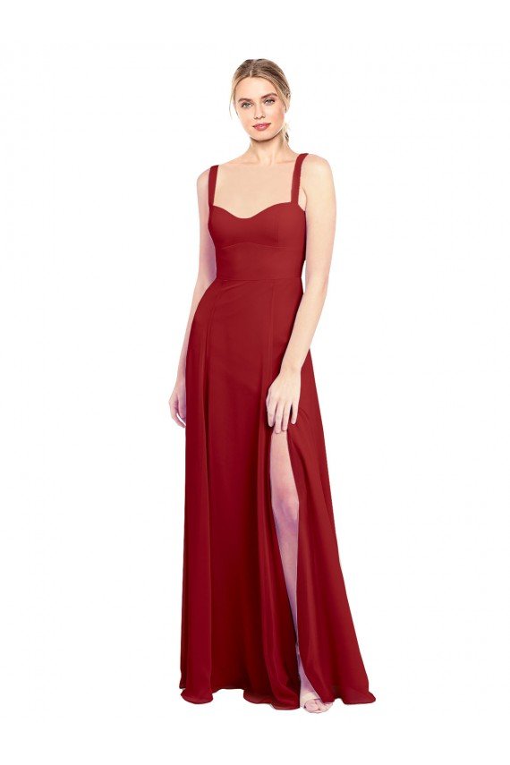 Rojo línea A Cuello de Corazón Gasa Largo Vestidos de dama de honor Descuento