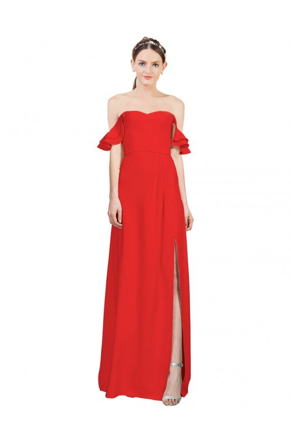 Rojo línea A Hombros Descubiertos Crepé Elástico Largo Formales Vestidos de dama de honor / Vestidos de fiesta Descuento