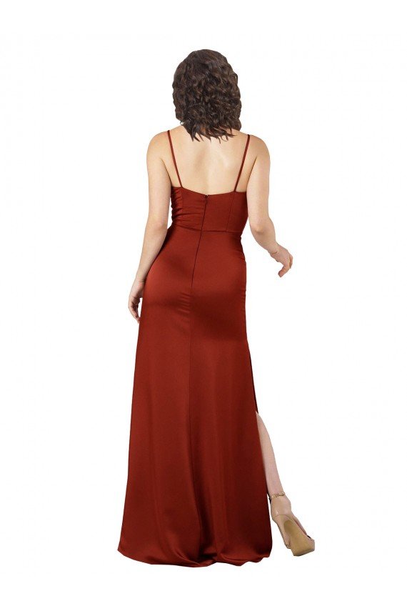 Rojo línea A Tirantes espagueti Cuadrado Satén sedoso Largo Formales Vestidos de dama de honor / Vestidos de fiesta Descuento