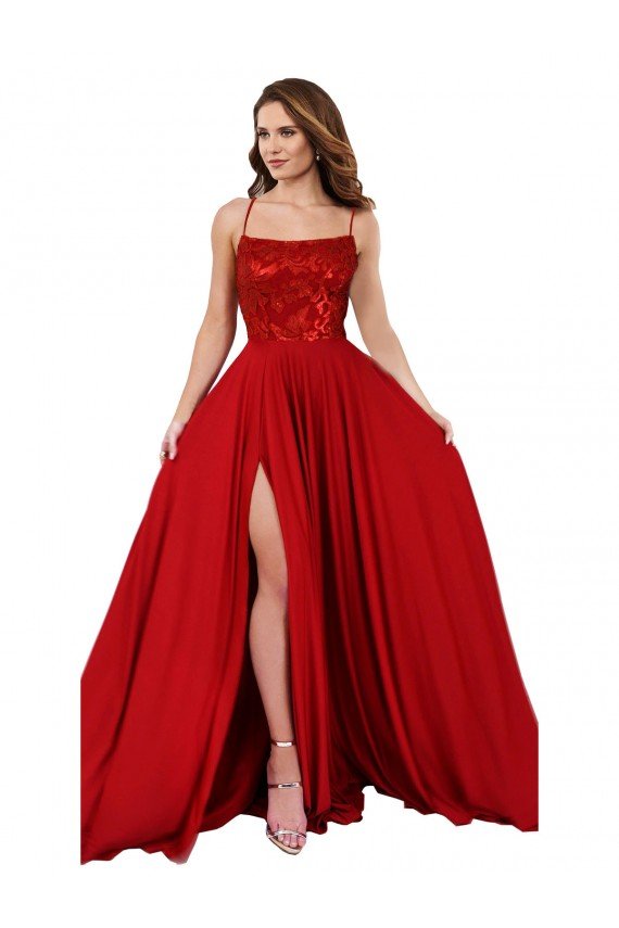 Rojo línea A Tirantes espagueti Cuadrado Spandex Encaje Largo Vestidos de dama de honor / Vestidos de fiesta Descuento