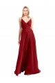 Rojo línea A Tirantes espagueti Cuello en V Gasa Largo Vestidos de dama de honor Descuento