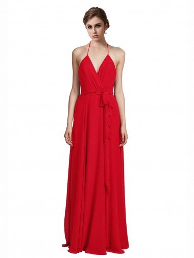 Rojo línea A Tirantes espagueti Halter Cuello en V Gasa Largo Vestidos de dama de honor Descuento