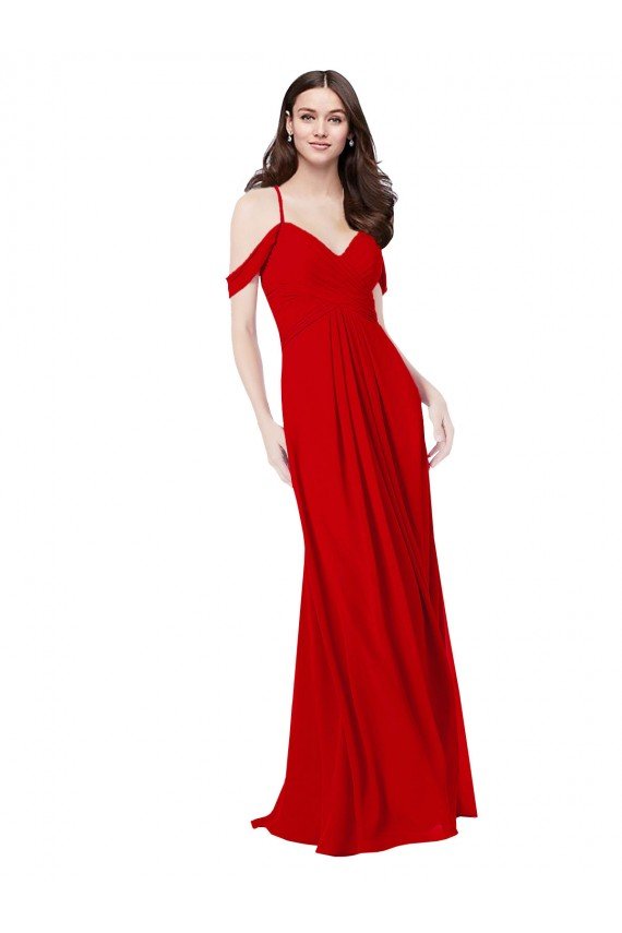 Rojo oscuro línea A Cuello en V Cuello de Corazón Gasa Largo Vestidos de dama de honor Descuento