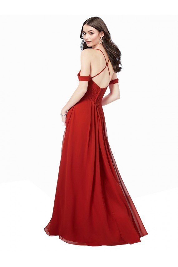 Rojo oscuro línea A Cuello en V Cuello de Corazón Gasa Largo Vestidos de dama de honor Descuento