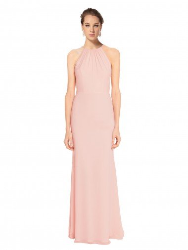 Rosa 114 línea A Tirantes espagueti Halter Gasa Largo Vestidos de dama de honor Descuento