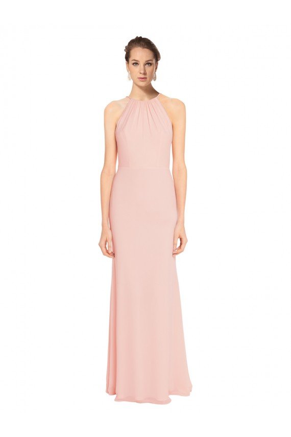 Rosa 114 línea A Tirantes espagueti Halter Gasa Largo Vestidos de dama de honor Descuento