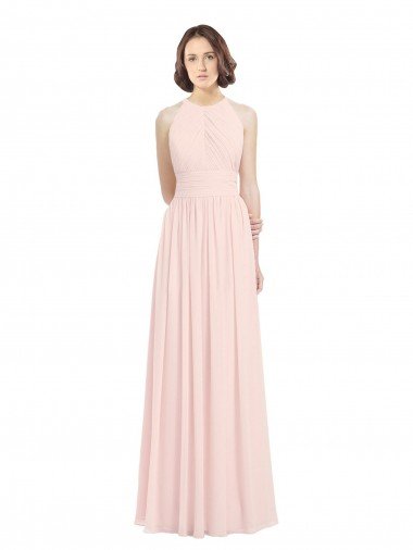 Rosa 42 línea A Halter Gasa Largo Vestidos de dama de honor Descuento