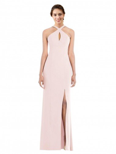 Rosa Trompeta Halter Crepé Elástico Largo Formales Vestidos de dama de honor / Vestidos de fiesta Descuento