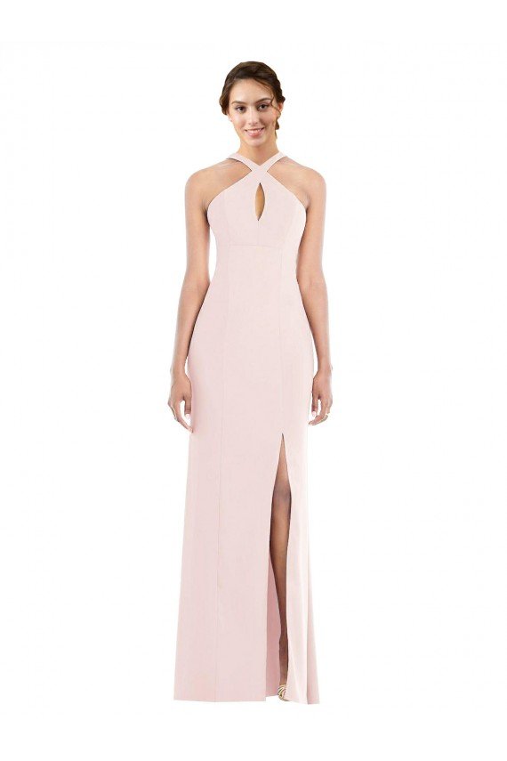 Rosa Trompeta Halter Crepé Elástico Largo Formales Vestidos de dama de honor / Vestidos de fiesta Descuento