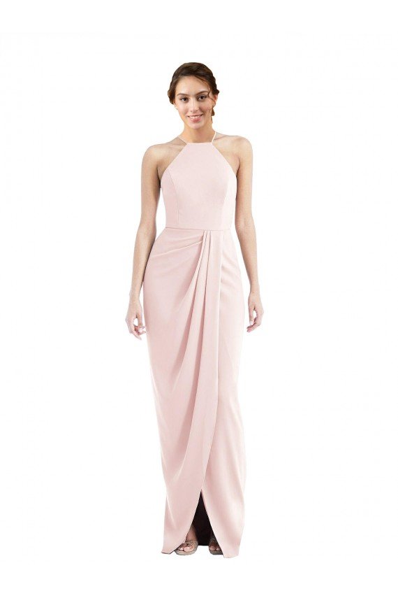 Rosa Trompeta Halter Crepé Elástico Largo Vestidos de dama de honor / Vestidos de fiesta Descuento