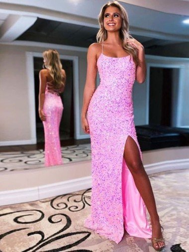 Rosa caliente Cubierta Tirantes espagueti Barrer tren Lentejuelas Terciopelo Largo Vestidos de fiesta Descuento