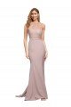 Rosa empolvado Cubierta Cuello Alto Barrer tren Crepé Elástico Largo Formales Vestidos de dama de honor / Vestidos de fiesta Descuento