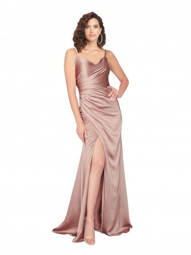 Rosa empolvado Cubierta Cuello en V Satén sedoso Largo Formales Vestidos de dama de honor / Vestidos de fiesta Descuento