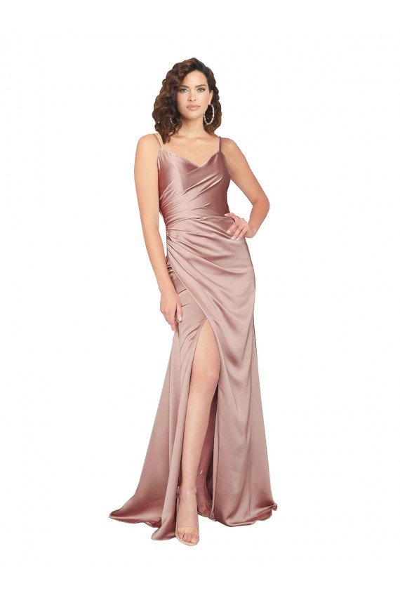 Rosa empolvado Cubierta Cuello en V Satén sedoso Largo Formales Vestidos de dama de honor / Vestidos de fiesta Descuento
