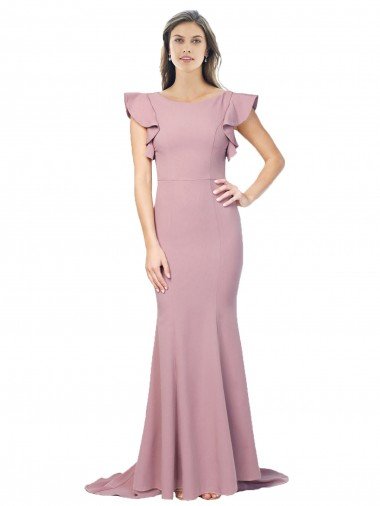 Rosa empolvado Sirena Cuello redondo Barrer tren Crepé Elástico Largo Formales Vestidos de dama de honor / Vestidos de fiesta Descuento
