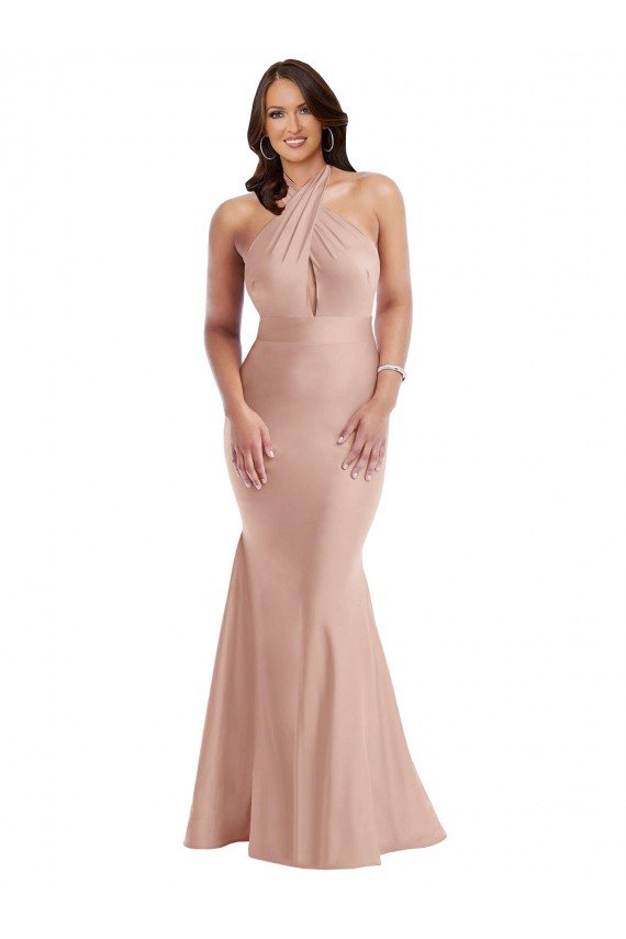 Rosa empolvado Sirena Halter Satén sedoso Largo Formales Vestidos de dama de honor / Vestidos de fiesta Descuento