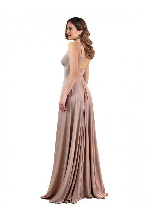 Rosa empolvado línea A Cuello en V Spandex Largo Formales Vestidos de dama de honor / Vestidos de fiesta Descuento