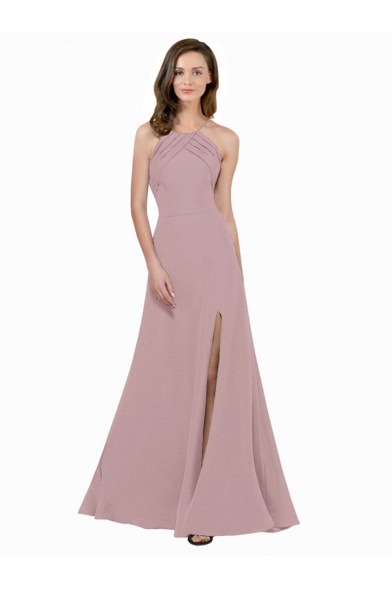 Rosa empolvado línea A Cuello joya Cuello Alto Crepé Elástico Largo Vestidos de dama de honor / Vestidos de fiesta Descuento
