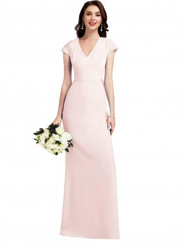 Rosa línea A Cuello en V Crepé Elástico Largo Formales Vestidos de dama de honor / Vestidos de fiesta Descuento