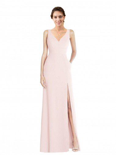 Rosa línea A Cuello en V Crepé Elástico Largo Vestidos de dama de honor / Vestidos de fiesta Descuento