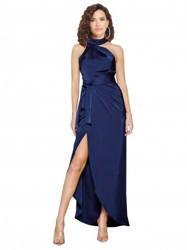Sapphire línea A Halter Cuello Alto Satén sedoso Largo Asimétrico Formales Vestidos de dama de honor / Vestidos de fiesta Descuento