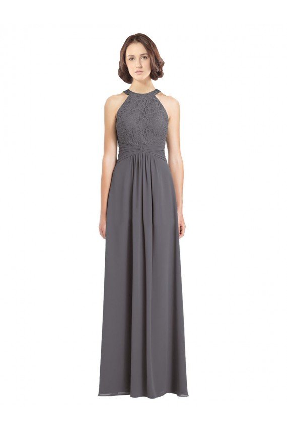 Stormy Silver línea A Halter Gasa Encaje Largo Vestidos de dama de honor Descuento