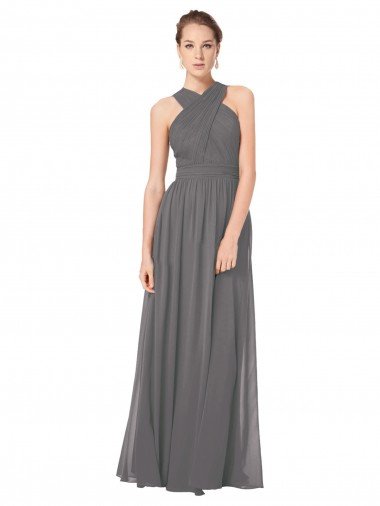 Stormy Silver línea A Halter Gasa Largo Vestidos de dama de honor Descuento