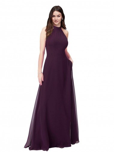 Uva línea A Halter Cuello Alto Gasa Largo Vestidos de dama de honor Descuento
