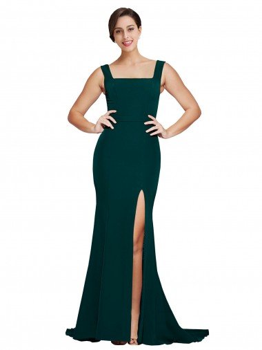 Verde Midnight Cubierta Cuadrado Barrer tren Crepé Elástico Largo Vestidos de dama de honor / Vestidos de fiesta Descuento