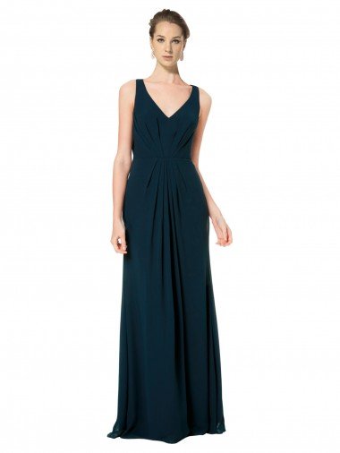 Verde Midnight línea A Cuello en V Gasa Largo Vestidos de dama de honor Descuento
